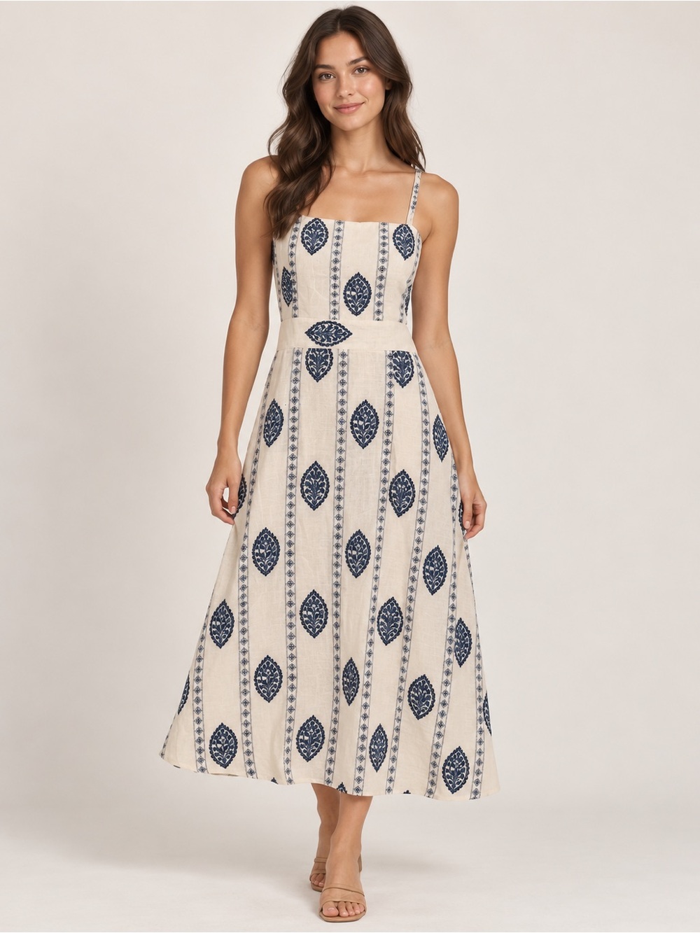 ZARA Ecru Blue Embroidered Cut Out Midi Dress Size L NWT